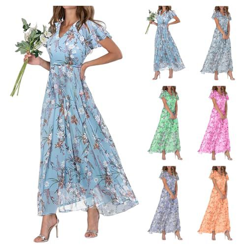 FQFGGYD Women's Flowy Maxi Dress Ruffled Beach Sundress Chiffon Floral Long Skirts Short Sleeve V-Neck Waist Loose Long Dress Blue