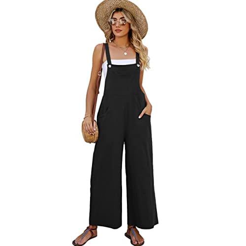 Eisctnd Overalls Women Sleeveless Baggy Jumpsuit for Women Comfortable Casual Wide Leg Rompers with Pockets Black Medium