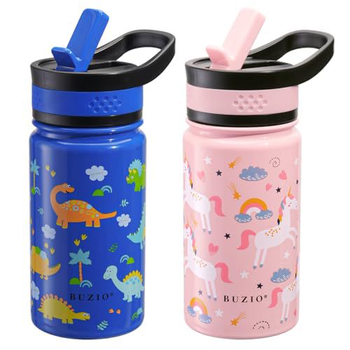 2-Pack Kids Water Bottle, BUZIO 14 oz Toddler Stainless Steel Insulated Water Bottles with Tritan Straw Lid, Leak Proof BPA-Free Wide Mouth Drink Flask for Shcool Boy Girl (Pink Unicorn+Blue
