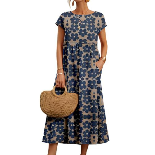 FQFGGYD Women's Flowy T-Shirt Dress Casual Summer Beach Dresses Vacation Midi Skirts Printed Loose Casual Short Sleeve Tunic Blue