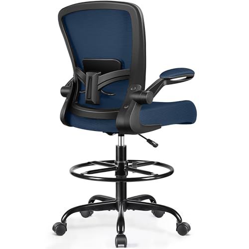 FelixKing Drafting Chair - Ergonomic Tall Office Chair for Standing Desk | Adjustable Footrest Ring, Lumbar Support, Flip-up Armrests | Breathable Mesh | Home Office & Drawing Use, Navy