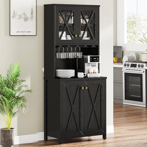 YITAHOME Farmhouse Bar Cabinet, 67" Tall Wine Bar Cabinet with for Wine Glass Rack, Home Bar Cabinet with Open Storage Shelves ＆ Glass Doors for Living Room, Hallway, Charcoal Grey