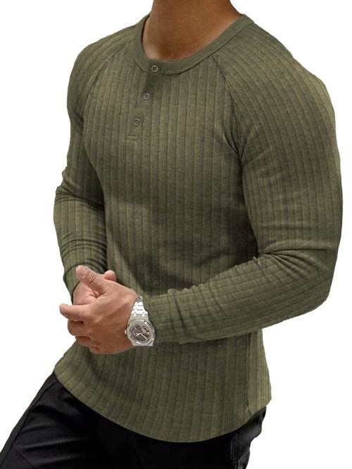 Muscle Cmdr Men's Ribbed Henley Shirt Slim Fit Muscle Shirt Fitted Cotton Short&Long Sleeve Casual T-Shirt Medium Army Green-long