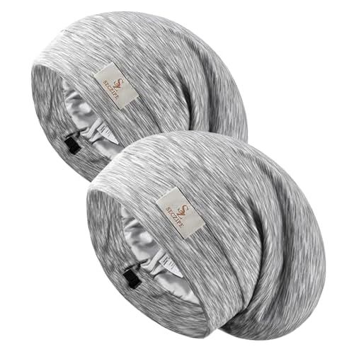 2PCS Silk Satin Bonnet Hair Wrap for Sleeping, Adjustable Strap Curly Natural Hair Night Caps for Women Men(Gray&Gray) Medium-Large Gray&gray