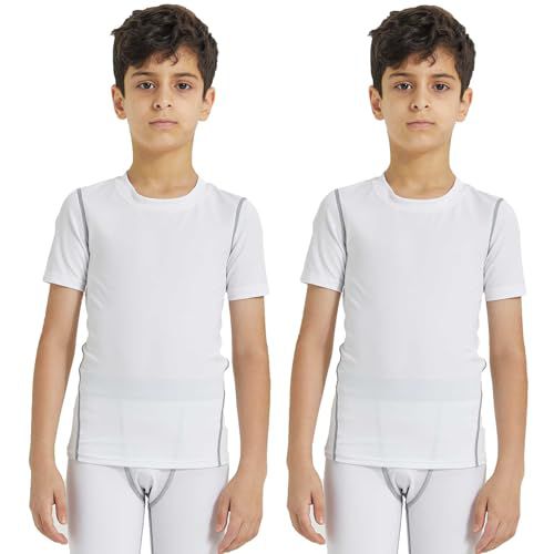 Youth Boys Compression Shirt Short Sleeve Football Undershirt for Kid Quick Dry Athletic Baseball T-Shirt Base Layer Medium 2 Pack:white