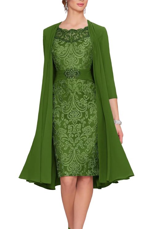 Gorgeous 2 Pieces Beaded Mother of The Bride Dresses with Jacket 3/4 Sleeve Lace Chiffon Evening Formal Gown Olive Green 18 Plus