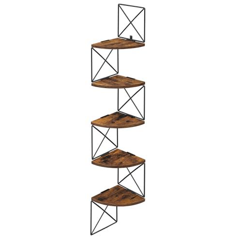 VASAGLE Corner Shelf Wall Mounted, 5-Tier Corner Floating Shelves, X-Shape Corner Bookshelf, Easy Assembly, for Bedroom Living Room Bathroom Kitchen Office, Industrial, Rustic Brown and Blac
