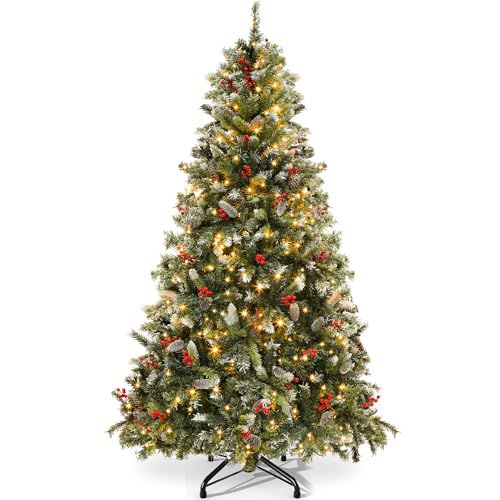 YITAHOME Pre-lit Pre-Decorated Artificial Christmas Tree, 7.5FT Artificial Hinged Pine Xmas Tree with 1398 Flocked Frosted Tips, 550 Lights, 82 Pine Cones, 82 Red Berries for Holiday Party O