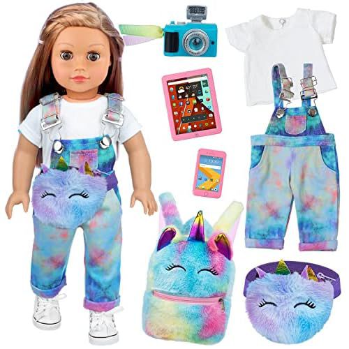 ZITA ELEMENT 7 Pcs American 18 Inch Doll Clothes and Accessories - 18 Inch Doll Clothes Set with Doll Backpack,Waist Bag,Cell Phone,Tablet Phone,Camera (No Doll)