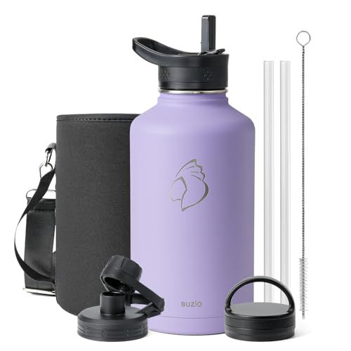 BUZIO 64 oz Water Bottle Insulated with Straw & 3 lid and Carrying Pouch, Leak Proof Half Gallon Stainless Steel Water Flask Jug, Cold for 48 Hrs Double Vacuum Thermo Canteen, BPA-Free, Purp