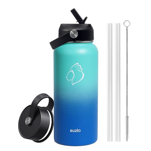 BUZIO Stainless Steel Water Bottle (Cold for 48 Hrs, Hot for 24 Hrs), 32 oz Vacuum Insulated Water Bottle with Straw Lid and Flex Cap (Double Wall, Wide Mouth, BPA Free, Leak Proof), Caribbe