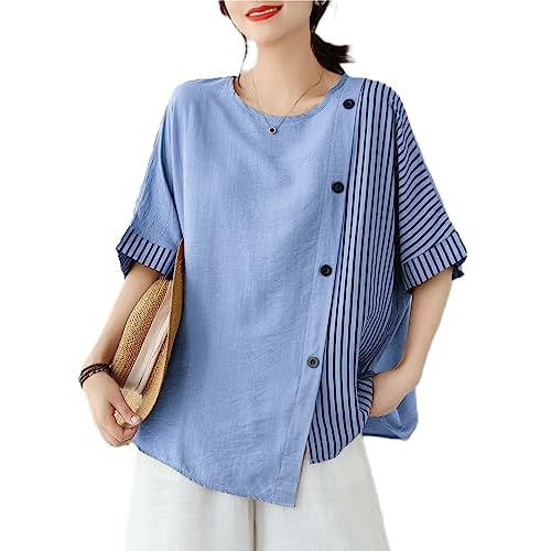 ellazhu Women's Short Sleeve Solid Color and Stripe Patchwork Button Down T-Shirts Blouse Tops GA2662 Small-X-Large Blue