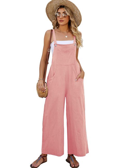 Women's Cotton Bib Overalls Wide Leg Loose Fit Jumpsuit Baggy Fashion Sleeveless Rompers Small Pink