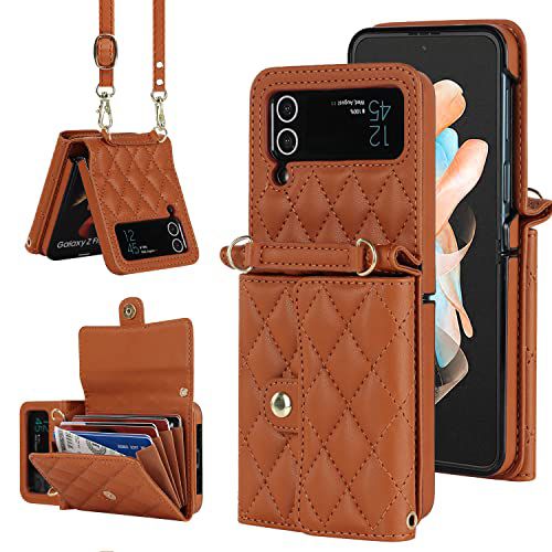 for Samsung Galaxy Z Flip 4 Accordion Crossbody Wallet Case, 4 Card Slots, RFID Blocking, and Adjustable Strap - Stylish and Versatile Accessory for The Modern, Chic Woman (Brown)
