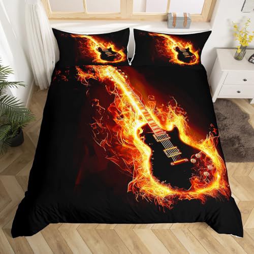 Erosebridal Guitar Duvet Cover Sets Twin Size Boys Girl Electric Guitar Bedding Set Rock Music Theme Comforter/Quilt Cover Decorative 2 Piece Bedding