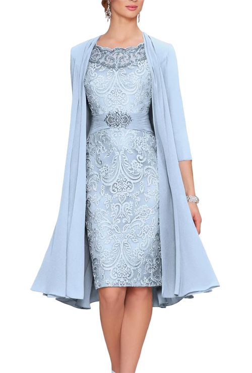 Gorgeous 2 Pieces Beaded Mother of The Bride Dresses with Jacket 3/4 Sleeve Lace Chiffon Evening Formal Gown Light Blue 20 Plus