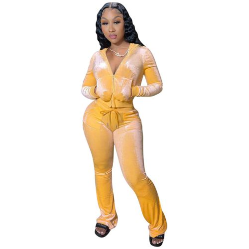 yidengymx Womens 2 Piece Velour Tracksuit Two Piece Outfits for Women Long Sleeve Zip Up Crop Tops Sweatpants Sets Pockets Hoodie/Wide Leg Pants-yello