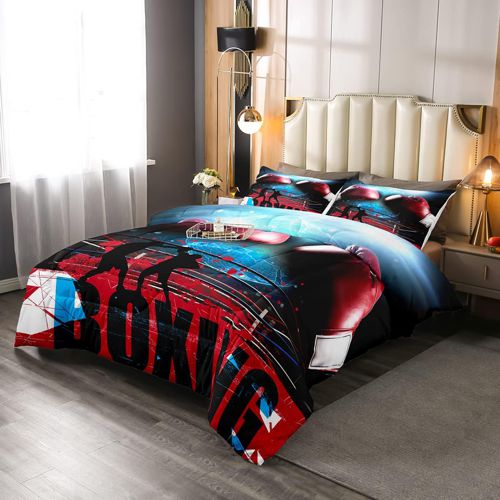 Erosebridal Teens Boxing Comforter Set Full Size, Sports Games Theme Bedding Set Boxing Gloves Duvet Insert Athlete Silhouette Pattern Quilt Set for K