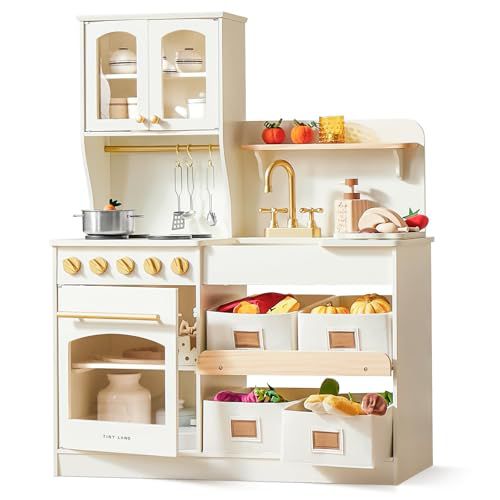 Tiny Land Play Kitchen for Kids with Storage System, Toy Kitchen Set with Plenty of Play Features Gift for Ages 3+ White