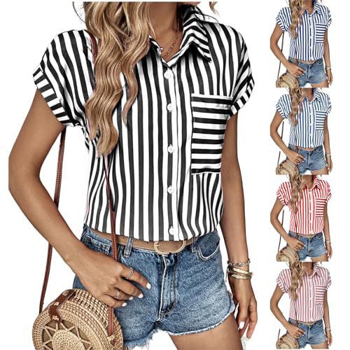 FQFGGYD Women's Blouses Dressy Button-Down Shirts Tops Summer V-Neck Short Sleeve Striped Print Shirt Business Casual Outfits Black