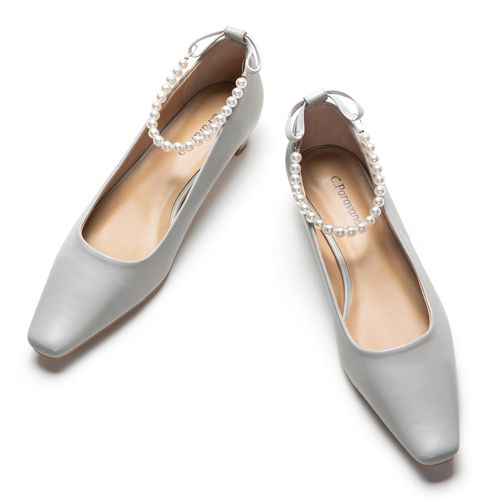 C.Paravano Chunky Low Heel Women's Square Toe Pumps Slip-On Closed Toe Low Heeled Pearl Ankle Strap Pumps Bridal Wedding Shoes 6.5 Grey C9