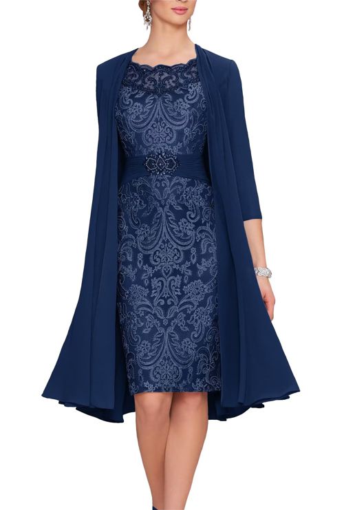 Gorgeous 2 Pieces Beaded Mother of The Bride Dresses with Jacket 3/4 Sleeve Lace Chiffon Evening Formal Gown Navy Blue 22 Plus