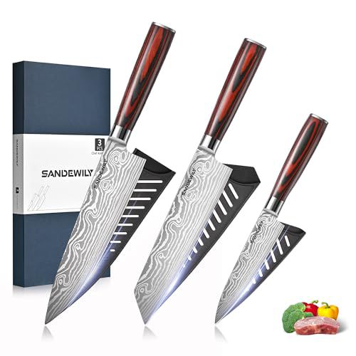 Japanese Kitchen Chef Knife Set & Sheaths 3PCS High Carbon Stainless Steel Ultra Sharp Knives 8" Chefs Knife 7" Cutting Knife 5" Utility Knife with Gift Box for Home Restaurant 3PCS Knife Se