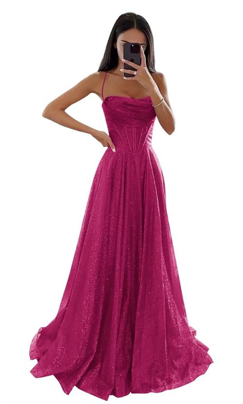 Sparkly Sequin Tulle Prom Dresses for Women with Slit Cowl Neck Corset Formal Evening Gown with Pockets Fuchsia 26 Plus