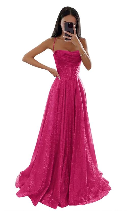 Sparkly Sequin Tulle Prom Dresses for Women with Slit Cowl Neck Corset Formal Evening Gown with Pockets Hot Pink 14