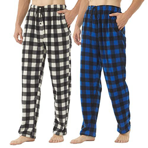 2-3 Pack Mens Pajama Pants Mens Fleece Plaid Lounge Pajama Bottoms Sleepwear Pjs with Pockets Large 2 Pack-blue/Gray&white