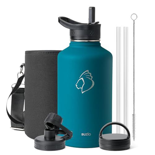 BUZIO 64 oz Water Bottle Insulated with Straw & 3 lid and Carrying Pouch, Leak Proof Half Gallon Stainless Steel Water Flask Jug, Cold for 48 Hrs Double Vacuum Thermo Canteen, BPA-Free, Dark