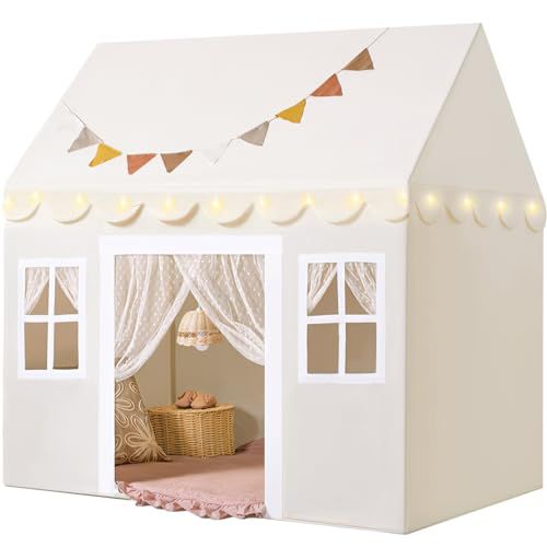 Tiny Land Play Tent with Padded Mat & LED Lights, Kids Tent, Playhouse for Kids, Indoor Bed Tent for Toddler, Toys for 3,4,5,6-Year-Old Girls, Neutral Color Play Room Furniture Off-white