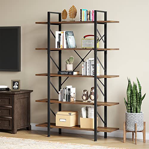 YITAHOME 5 Tier Bookshelf, Large Bookcase Industrial Book Shelf Storage Organizer, Free Standing Storage Shelving Unit for Living Room, Bedroom,Home Office, Rustic Brown