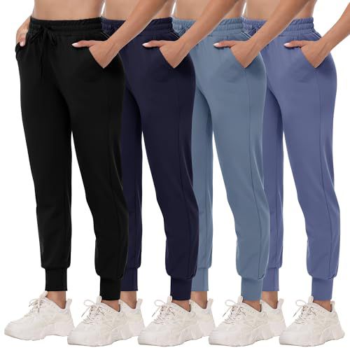 CAMPSNAIL 4 Pack Joggers for Women - Sweatpants with Pockets Lightweight Comfy Yoga Pants for Workout Travel Lounge 1#black/Navy Blue/Dark Grey/Wine Small