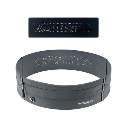 WATERFLY Running Belt Fanny Pack: Slim Elastic Sport Workout Waistband for Men and Women, Jogging Runner Phone Holder Belt, Marathon Jogger Waist Bag Dark Grey