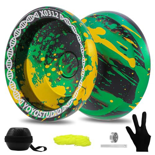 YOYOSTUDIO X0312 Responsive Yoyo Professional, Dual Purpose Yoyo for Kids 8-12 Beginner, Unresponsive Yo Yo for Adults with Bearing Kit + 10 Yo-Yo Strings + Yoyos Case (Black Green Yellow)