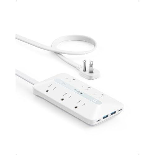 Anker Flat Plug Power Strip(300J), 20W USB C Power Strip, 10-in-1 Ultra Thin Power Strip with 6 AC, 2 USB A/2 USB C,5feet Extension Cord, Desk Charging Station,Home Office College Dorm Essen