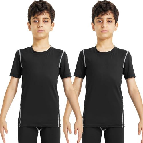 Youth Boys Compression Shirt Short Sleeve Football Undershirt for Kid Quick Dry Athletic Baseball T-Shirt Base Layer 10 2 Pack:black