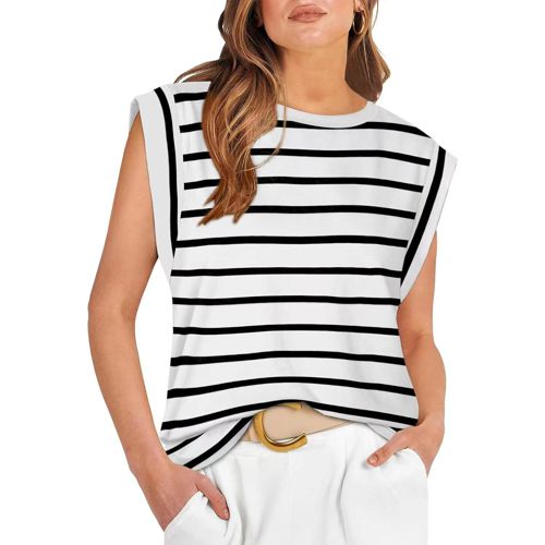 Spring/summer round neck loose short sleeve t-shirt striped top women's vest Medium White Stripes