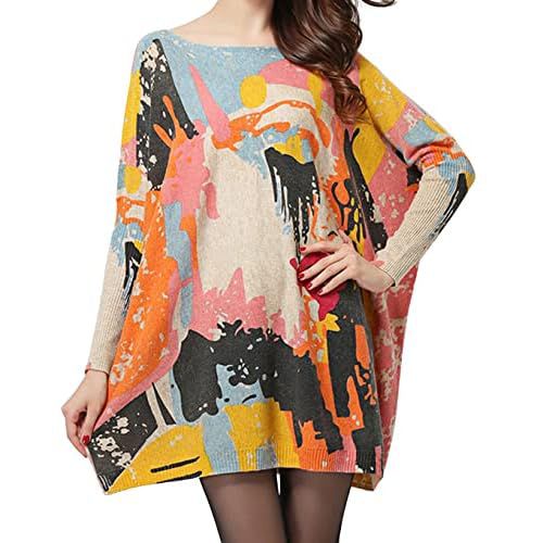 ellazhu Women's Autumn Long Sleeve Relaxed Fit Printed Crew Neck Casual Sweater Sweatshirt DH38 Small-X-Large Khaki