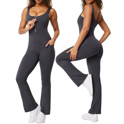 Casei Flare Jumpsuits For Women Tummy Control Zip Up Front Workout One Piece Bodycon Yoga Romper Outfits With Pockets Medium Dark Gray