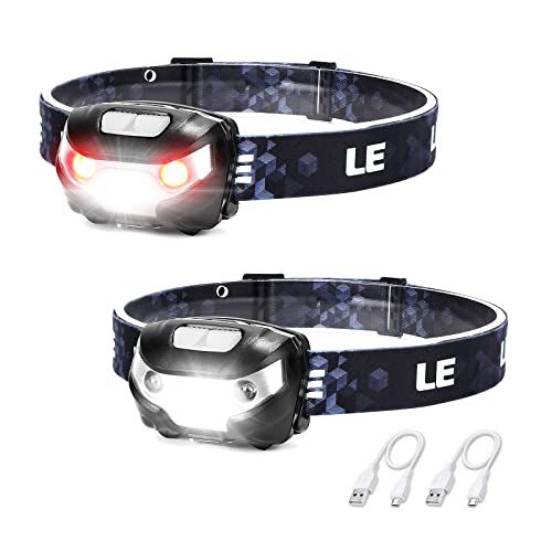 Lighting Ever LED Headlamp Rechargeable 2 Packs - Super Bright Head Lamp with 5 Modes for Camping & Hiking Gear Essentials, IPX4 Waterproof Headlight Flashlight with Red Light, USB Cable Inc