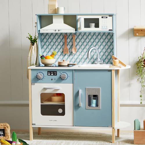 Tiny Land Play Kitchen for Kids, Wooden Kids Play Kitchen Playset Chef Pretend Play Set for Toddlers with Real Lights & Sounds, Toys Kitchen with 18 Pcs Toy Food & Cookware Accessories Blue