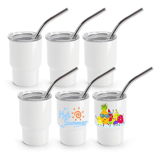 Joyclub 3 oz Mini Tumbler Shot Glass with Straw and Lid 6 Pack White Mini Cup Stainless Steel Sublimation Shot Tumblers for Wedding Party Whiskey Favors