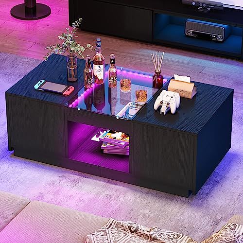 YITAHOME LED Coffee Table for Living Room, Modern Coffee Table with Storage with LED Lights, 2 Tiers and 2 Drawers, Large Living Room Center Tables with USB Ports and Type-C, Black