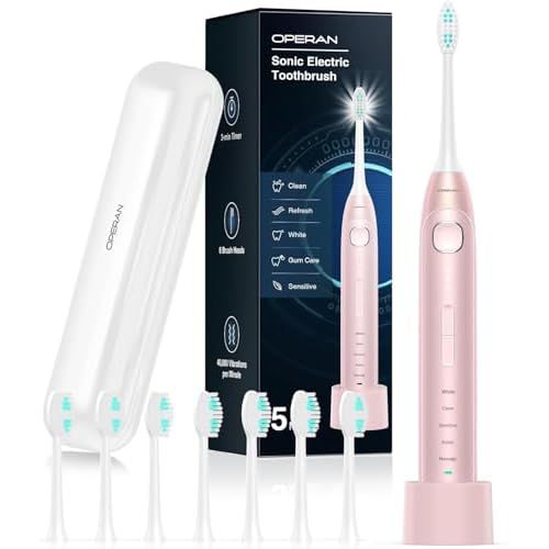 Operan Electric Toothbrush for Adults and Kids Rechargeable Sonic Toothbrush with 5 Modes 2-Min Smart Timer IPX7 Waterproof 40,000 VPM Motor with 8 Brush Heads & Travel Case (Pink, 1Pack)