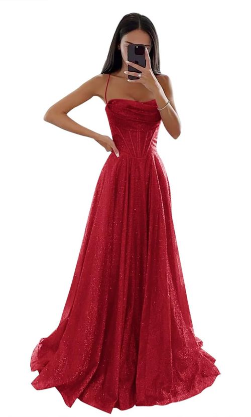 Sparkly Sequin Tulle Prom Dresses for Women with Slit Cowl Neck Corset Formal Evening Gown with Pockets Red 24 Plus