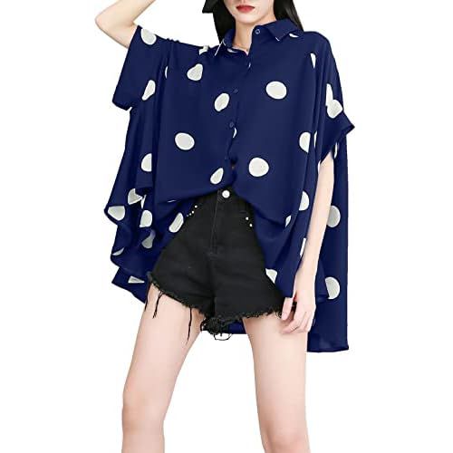 ellazhu Women's Batwing Sleeve Polka Dot Printed Button Down Blouse Oversized Shirt Top for Summer GY1903 Small-X-Large Navy