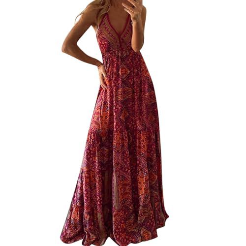 FQFGGYD Women's Bohemian Maxi Dress Summer Beach Sundress High Waist Long Skirt V-Neck Print Vacation Floral Boho Dresses Red