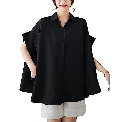 ellazhu Women's Batwing Sleeve Polka Dot Printed Button Down Blouse Oversized Shirt Top for Summer GY1903 Small-X-Large Black2651